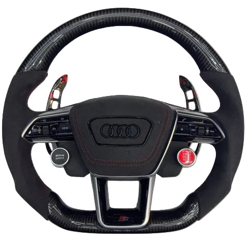 Black Audi steering wheel on a white background